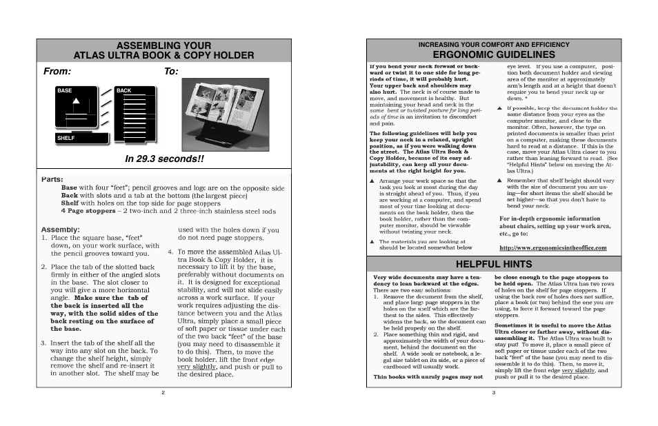 From: from in 29.3 seconds!! to: to, Assembling your atlas ultra book & copy holder, Ergonomic guidelines helpful hints | Activeforever Atlas Ultra Book Holder User Manual | Page 2 / 2