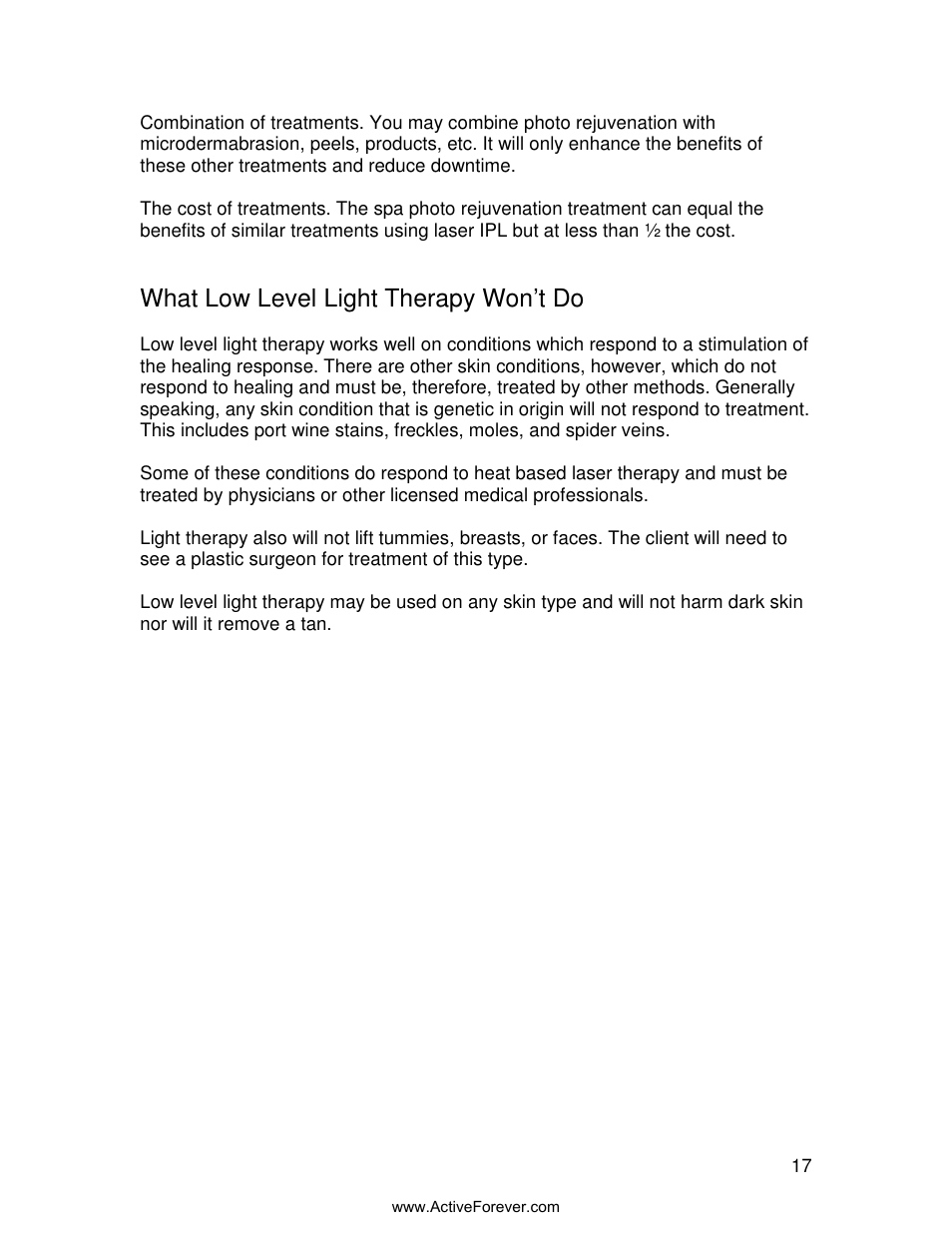 What low level light therapy won’t do | Activeforever Quasar MD Plus Advanced Light Therapy Device User Manual | Page 17 / 30