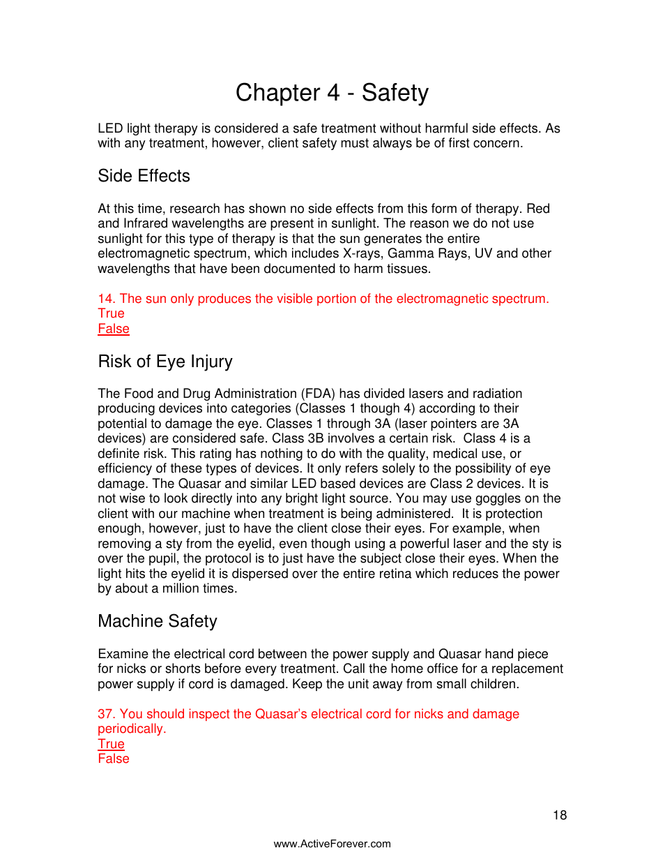 Chapter 4 - safety, Side effects, Risk of eye injury | Machine safety | Activeforever Quasar MD Plus Advanced Light Therapy Device User Manual | Page 18 / 30