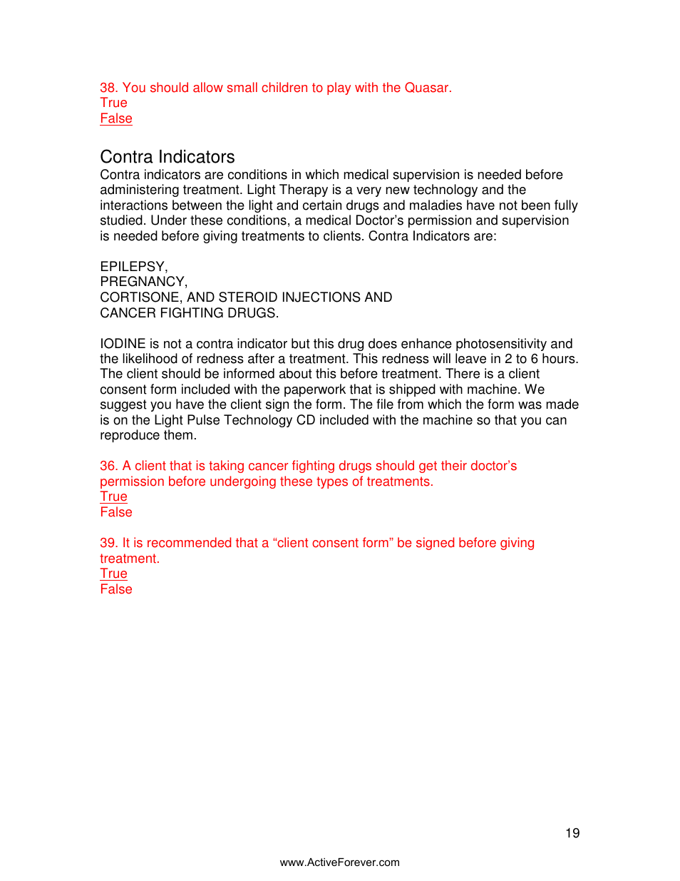 Contra indicators | Activeforever Quasar MD Plus Advanced Light Therapy Device User Manual | Page 19 / 30