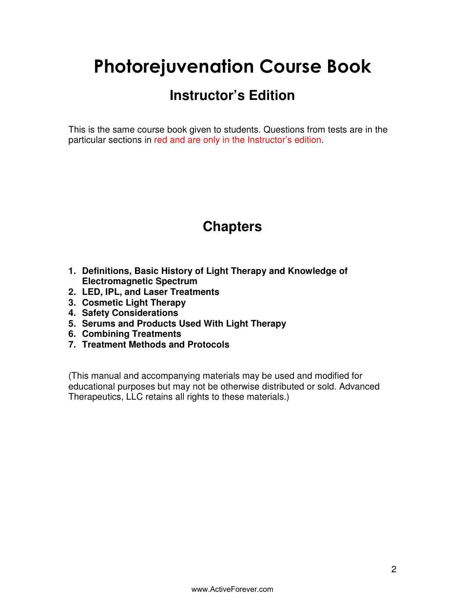Photorejuvenation course book, Instructor’s edition, Chapters | Activeforever Quasar MD Plus Advanced Light Therapy Device User Manual | Page 2 / 30