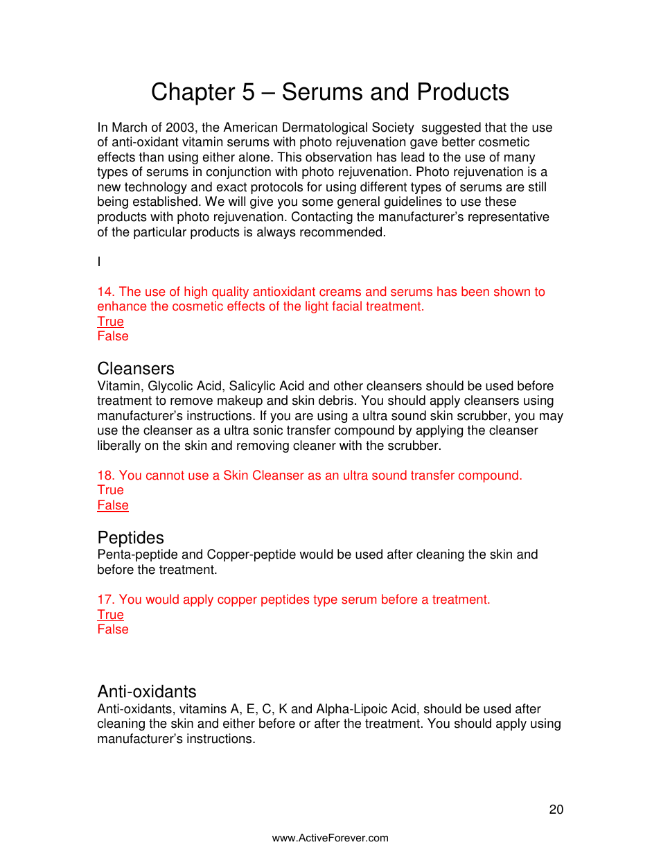 Chapter 5 – serums and products, Cleansers, Peptides | Anti-oxidants | Activeforever Quasar MD Plus Advanced Light Therapy Device User Manual | Page 20 / 30