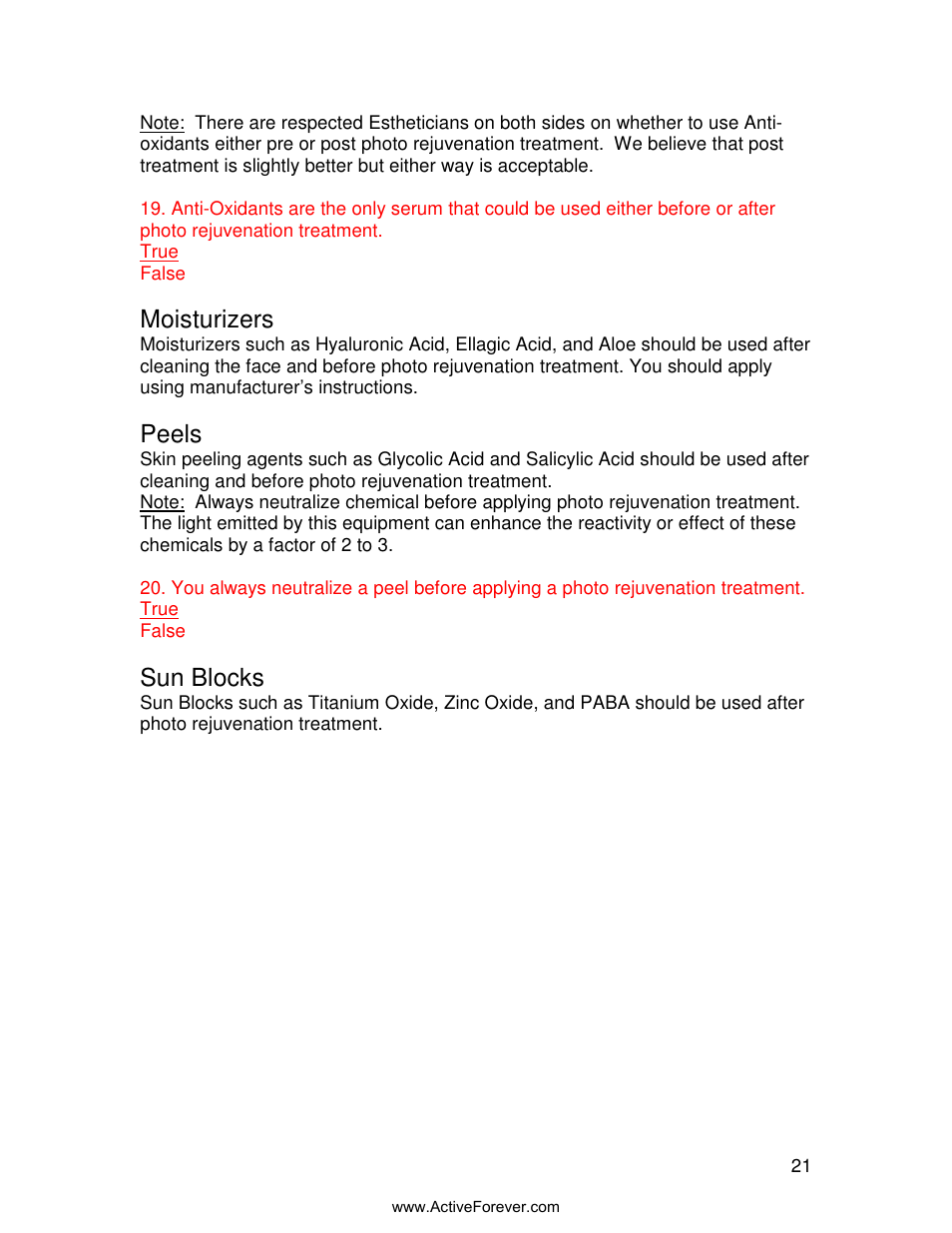 Moisturizers, Peels, Sun blocks | Activeforever Quasar MD Plus Advanced Light Therapy Device User Manual | Page 21 / 30