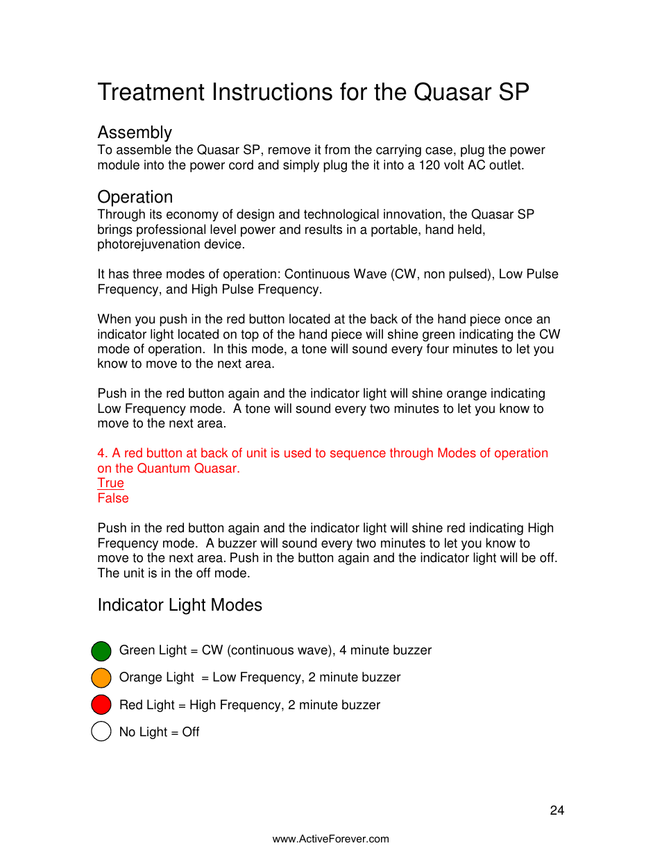 Treatment instructions for the quasar sp, Assembly, Operation | Indicator light modes | Activeforever Quasar MD Plus Advanced Light Therapy Device User Manual | Page 24 / 30