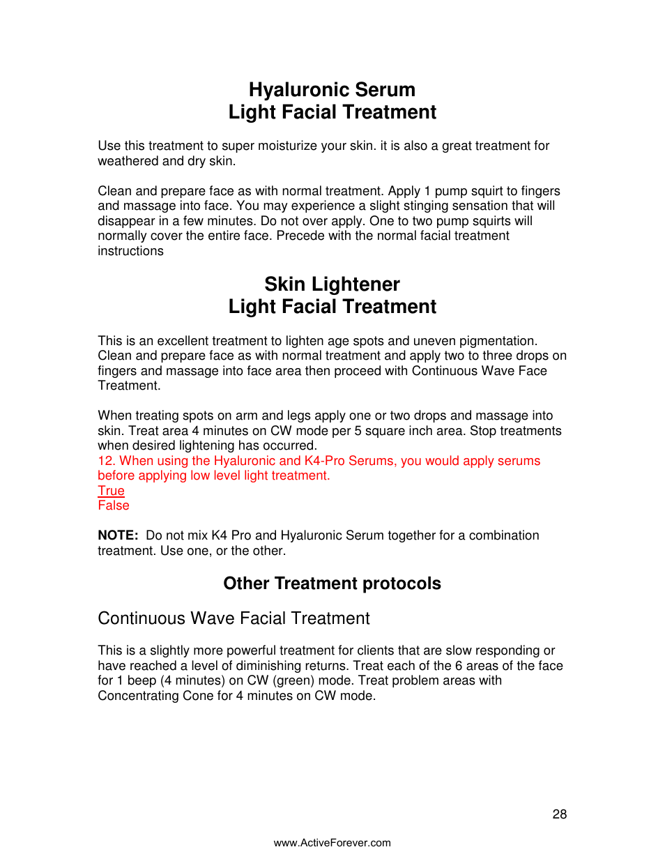 Hyaluronic serum light facial treatment, Skin lightener light facial treatment | Activeforever Quasar MD Plus Advanced Light Therapy Device User Manual | Page 28 / 30