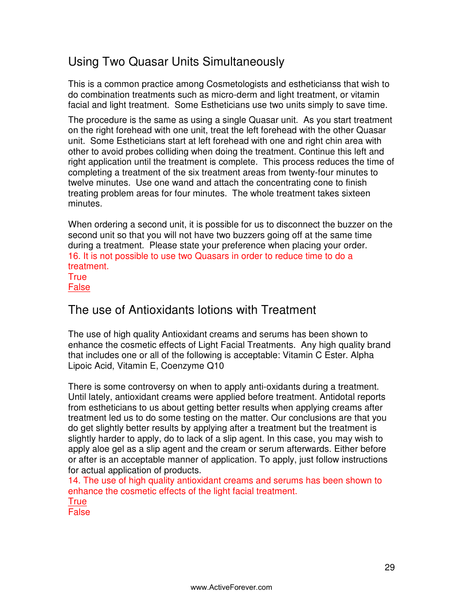 Using two quasar units simultaneously, The use of antioxidants lotions with treatment | Activeforever Quasar MD Plus Advanced Light Therapy Device User Manual | Page 29 / 30