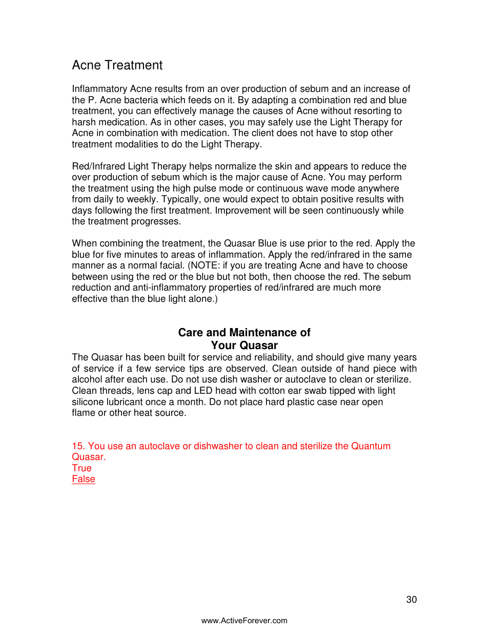 Acne treatment | Activeforever Quasar MD Plus Advanced Light Therapy Device User Manual | Page 30 / 30