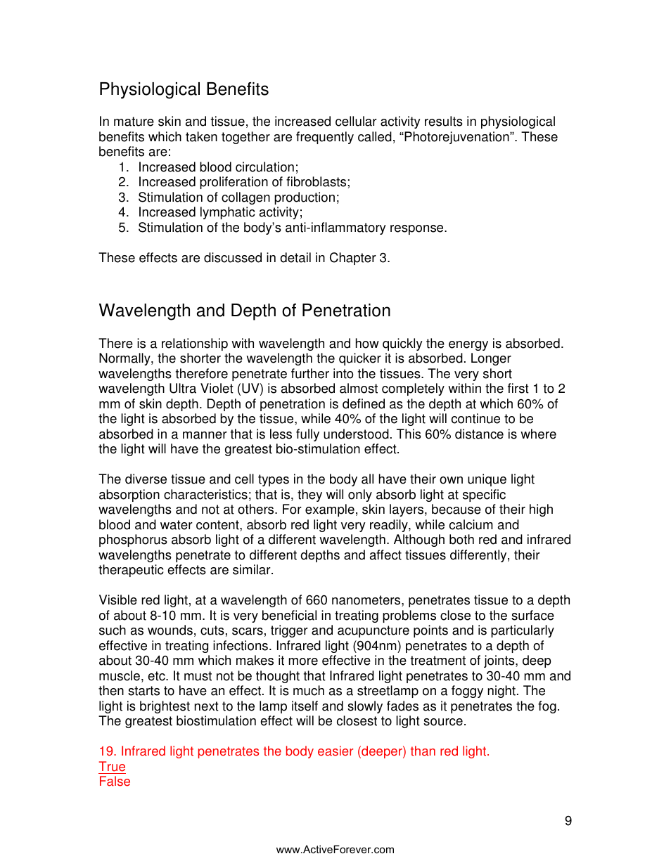 Physiological benefits, Wavelength and depth of penetration | Activeforever Quasar MD Plus Advanced Light Therapy Device User Manual | Page 9 / 30
