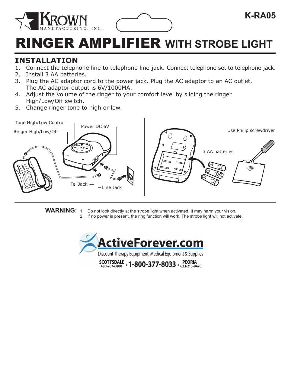 Activeforever Krown RA-05 Amplified Ringer with Strobe User Manual | 1 page