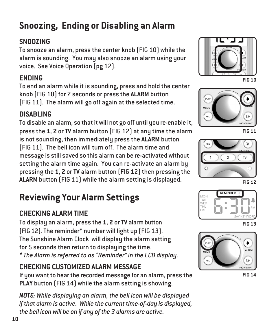 Snoozing, ending or disabling an alarm, Reviewing your alarm settings | Innotech Systems Sunshine User Manual | Page 10 / 16