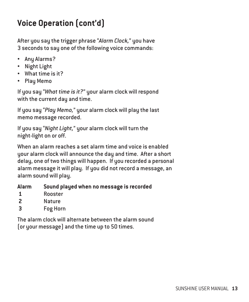 Voice operation (cont’d) | Innotech Systems Sunshine User Manual | Page 13 / 16