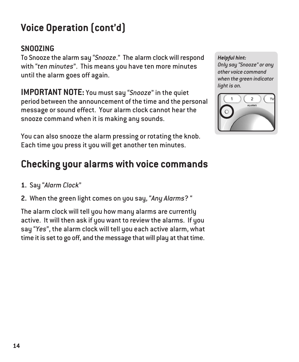 Voice operation (cont’d), Checking your alarms with voice commands | Innotech Systems Sunshine User Manual | Page 14 / 16