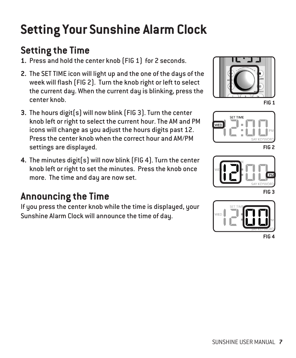 Setting your sunshine alarm clock, Setting the time, Announcing the time | Innotech Systems Sunshine User Manual | Page 7 / 16