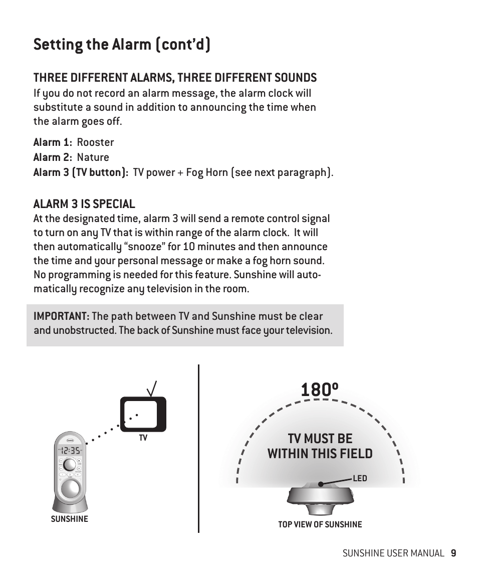 10º, Setting the alarm (cont’d), Tv must be within this field | Innotech Systems Sunshine User Manual | Page 9 / 16
