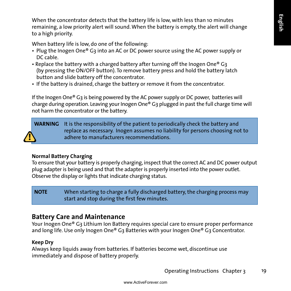 Battery care and maintenance | Activeforever Inogen One G3 Portable Oxygen Concentrator User Manual | Page 23 / 46