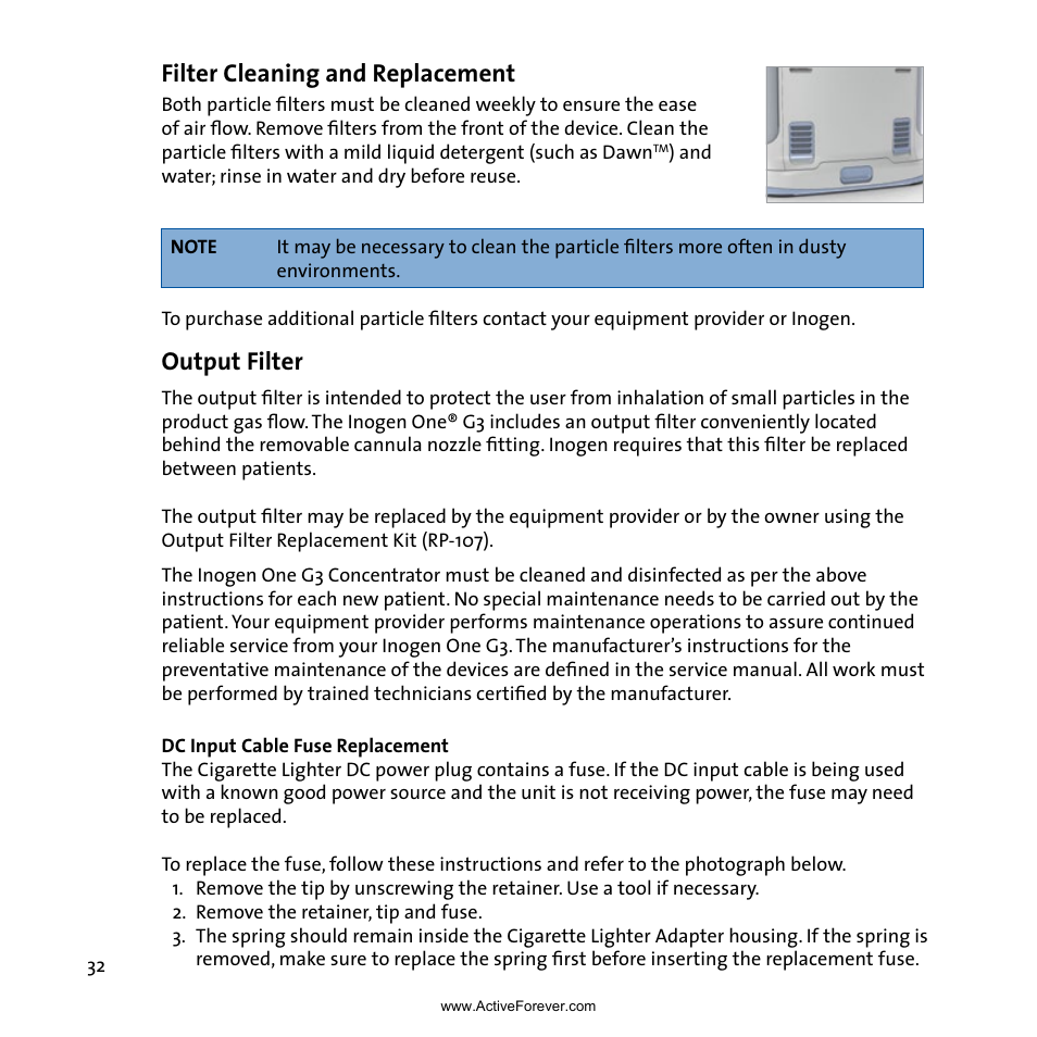 Filter cleaning and replacement, Output filter | Activeforever Inogen One G3 Portable Oxygen Concentrator User Manual | Page 36 / 46
