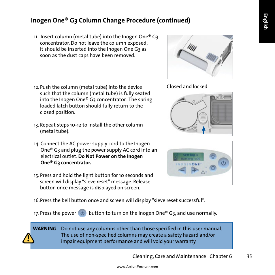 Inogen one® g3 column change procedure (continued) | Activeforever Inogen One G3 Portable Oxygen Concentrator User Manual | Page 39 / 46