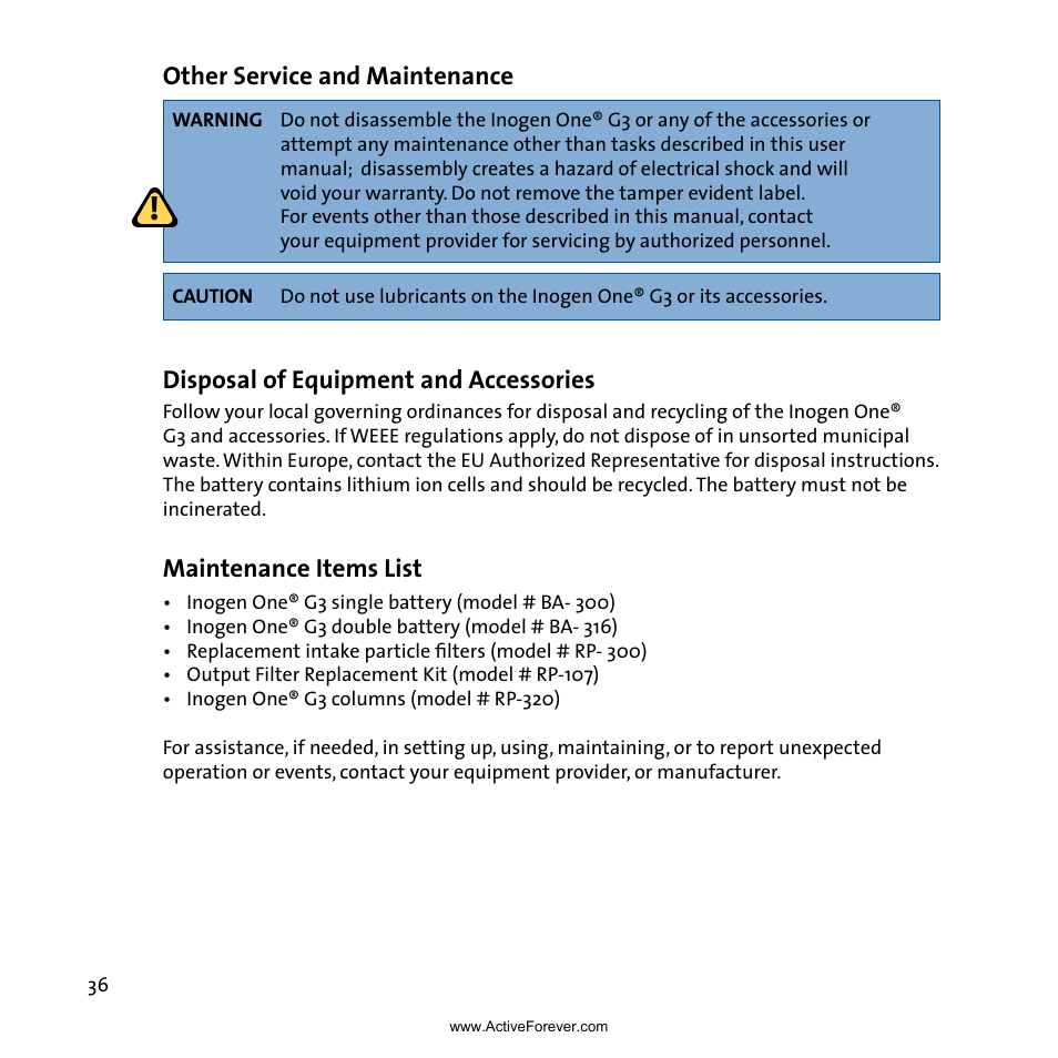 Disposal of equipment and accessories, Maintenance items list, Other service and maintenance | Activeforever Inogen One G3 Portable Oxygen Concentrator User Manual | Page 40 / 46