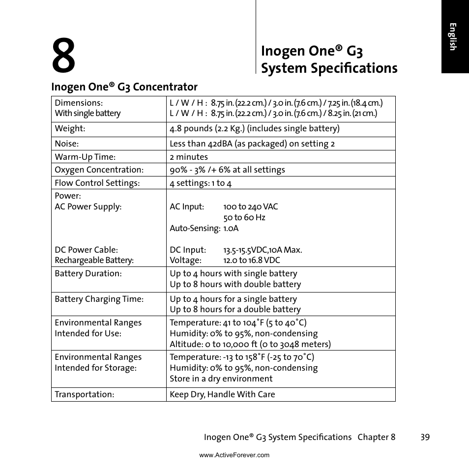 Inogen one® g3 system specifications | Activeforever Inogen One G3 Portable Oxygen Concentrator User Manual | Page 43 / 46