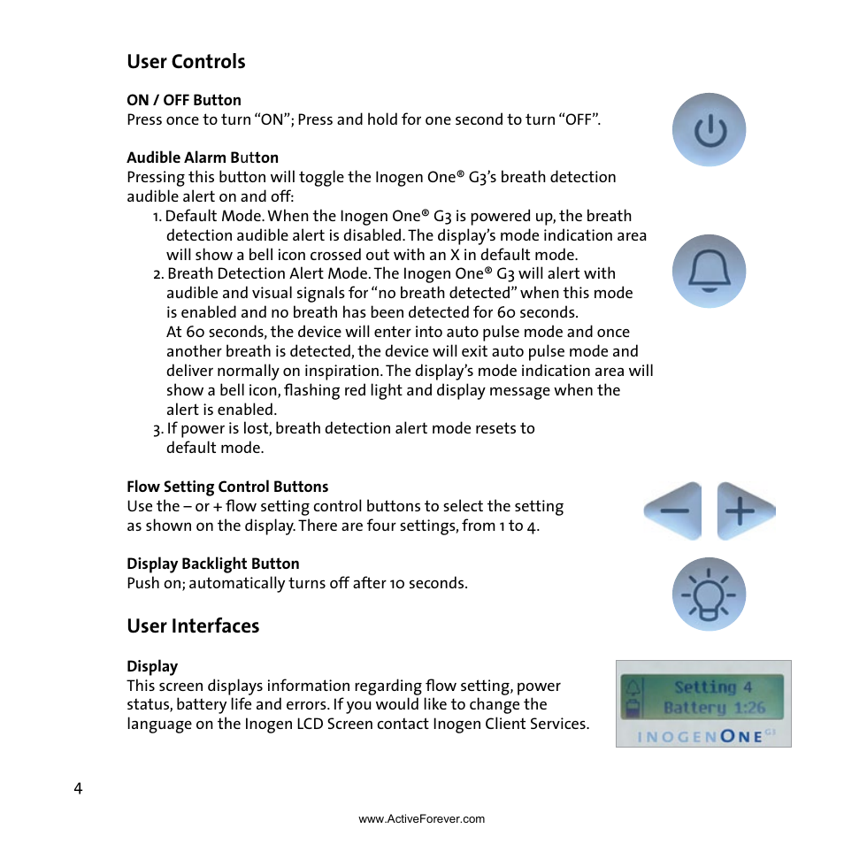 User controls, User interfaces | Activeforever Inogen One G3 Portable Oxygen Concentrator User Manual | Page 8 / 46