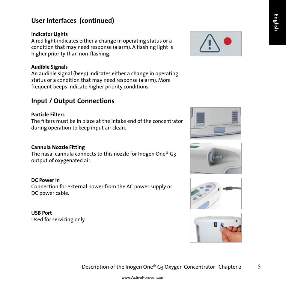 User interfaces (continued), Input / output connections | Activeforever Inogen One G3 Portable Oxygen Concentrator User Manual | Page 9 / 46
