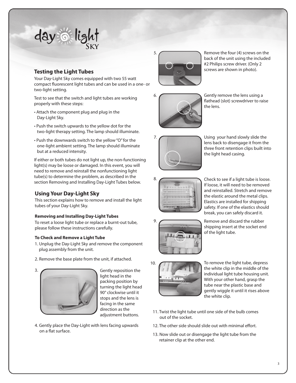 Testing the light tubes, Using your day-light sky, Guidelines for light therapy use | Activeforever DL930 Day Light by Uplift Technologies User Manual | Page 3 / 8