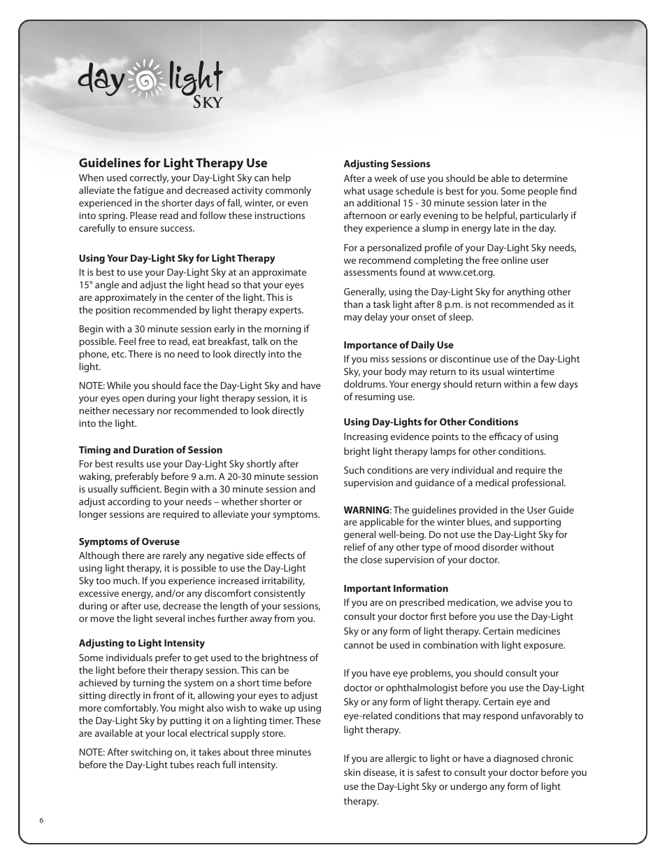 Testing the light tubes, Using your day-light sky, Guidelines for light therapy use | Activeforever DL930 Day Light by Uplift Technologies User Manual | Page 6 / 8