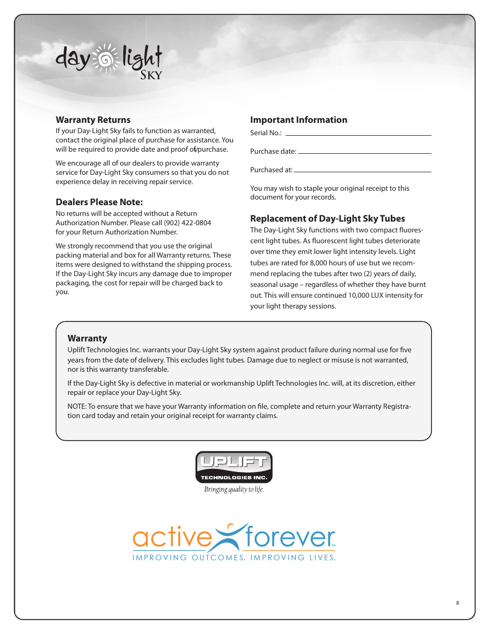 Brightzone, User guide | Activeforever DL930 Day Light by Uplift Technologies User Manual | Page 8 / 8