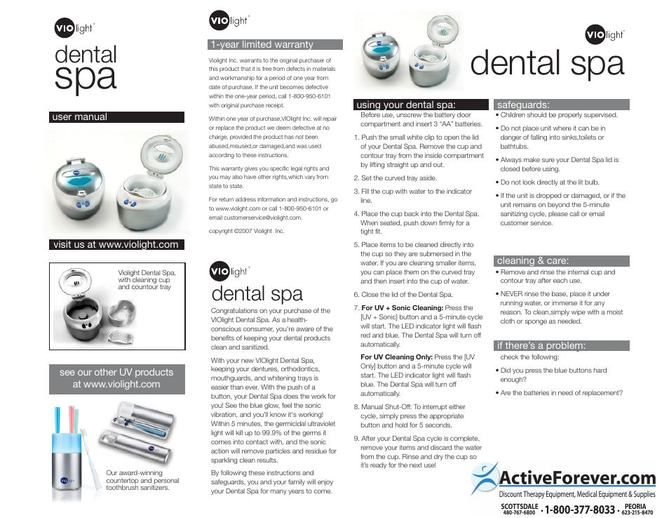 Activeforever Violight Dental Spa User Manual | 1 page