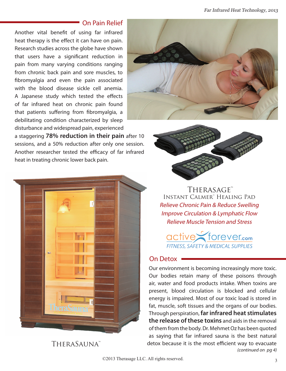 Therasage, On detox therasauna™ on pain relief | Activeforever Therasage Instant Calmer Healing Pad User Manual | Page 3 / 4