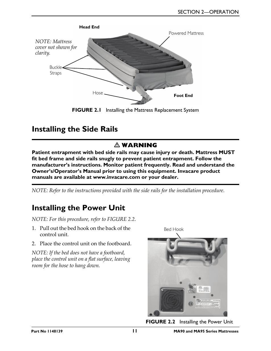 Installing the side rails, Installing the power unit | Activeforever Invacare microAIR Lateral Alternating Pressure Mattress & Compressor (microAIR Mattress with Compressor 36 x 80 x 15) User Manual | Page 11 / 26