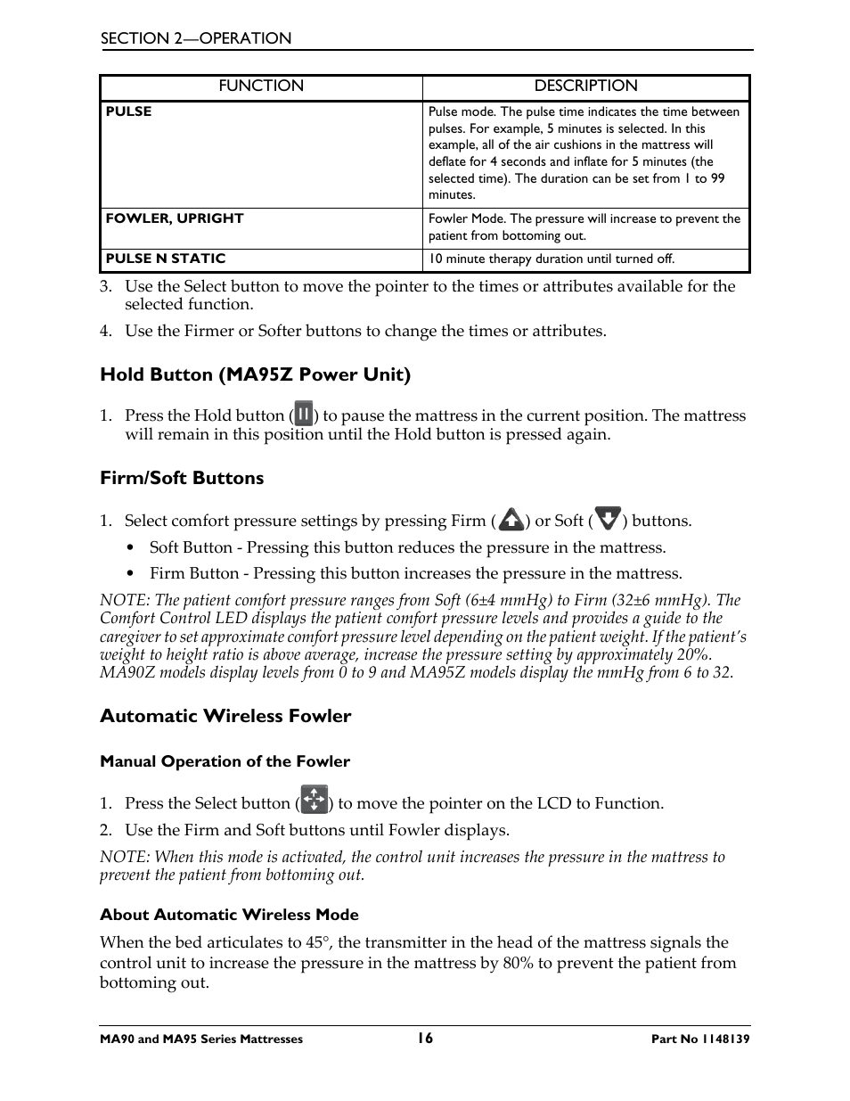 Hold button (ma95z power unit), Firm/soft buttons, Automatic wireless fowler | Manual operation of the fowler, About automatic wireless mode | Activeforever Invacare microAIR Lateral Alternating Pressure Mattress & Compressor (microAIR Mattress with Compressor 36 x 80 x 15) User Manual | Page 16 / 26