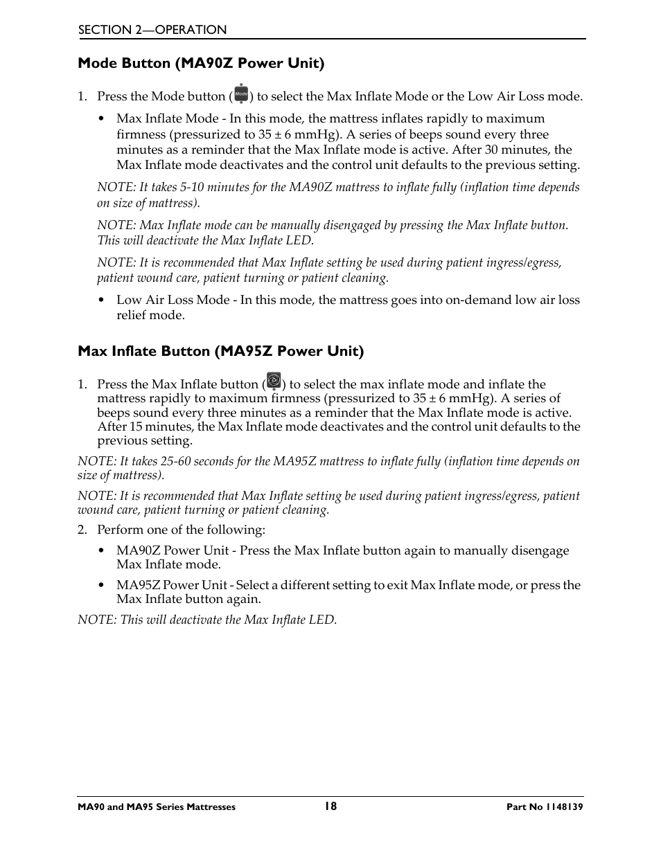 Mode button (ma90z power unit), Max inflate button (ma95z power unit) | Activeforever Invacare microAIR Lateral Alternating Pressure Mattress & Compressor (microAIR Mattress with Compressor 36 x 80 x 15) User Manual | Page 18 / 26