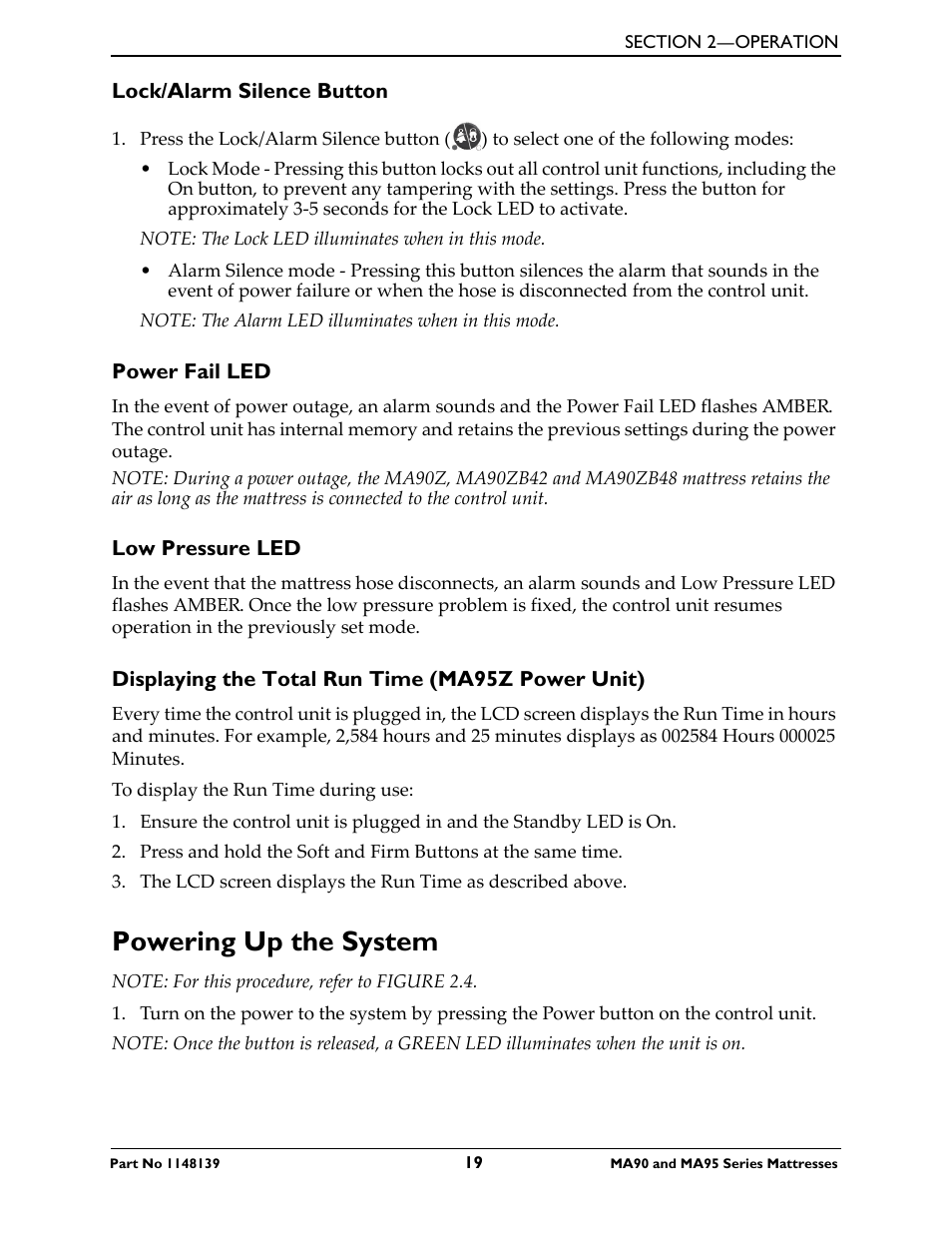 Lock/alarm silence button, Power fail led, Low pressure led | Displaying the total run time (ma95z power unit), Powering up the system, Lock/alarm silence button power fail led | Activeforever Invacare microAIR Lateral Alternating Pressure Mattress & Compressor (microAIR Mattress with Compressor 36 x 80 x 15) User Manual | Page 19 / 26