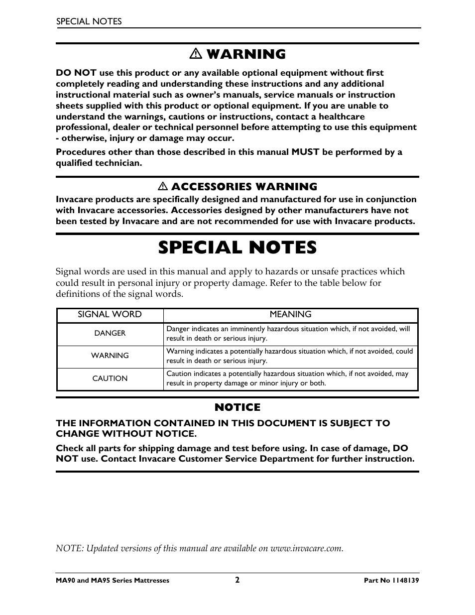 Special notes, Ƽ warning | Activeforever Invacare microAIR Lateral Alternating Pressure Mattress & Compressor (microAIR Mattress with Compressor 36 x 80 x 15) User Manual | Page 2 / 26