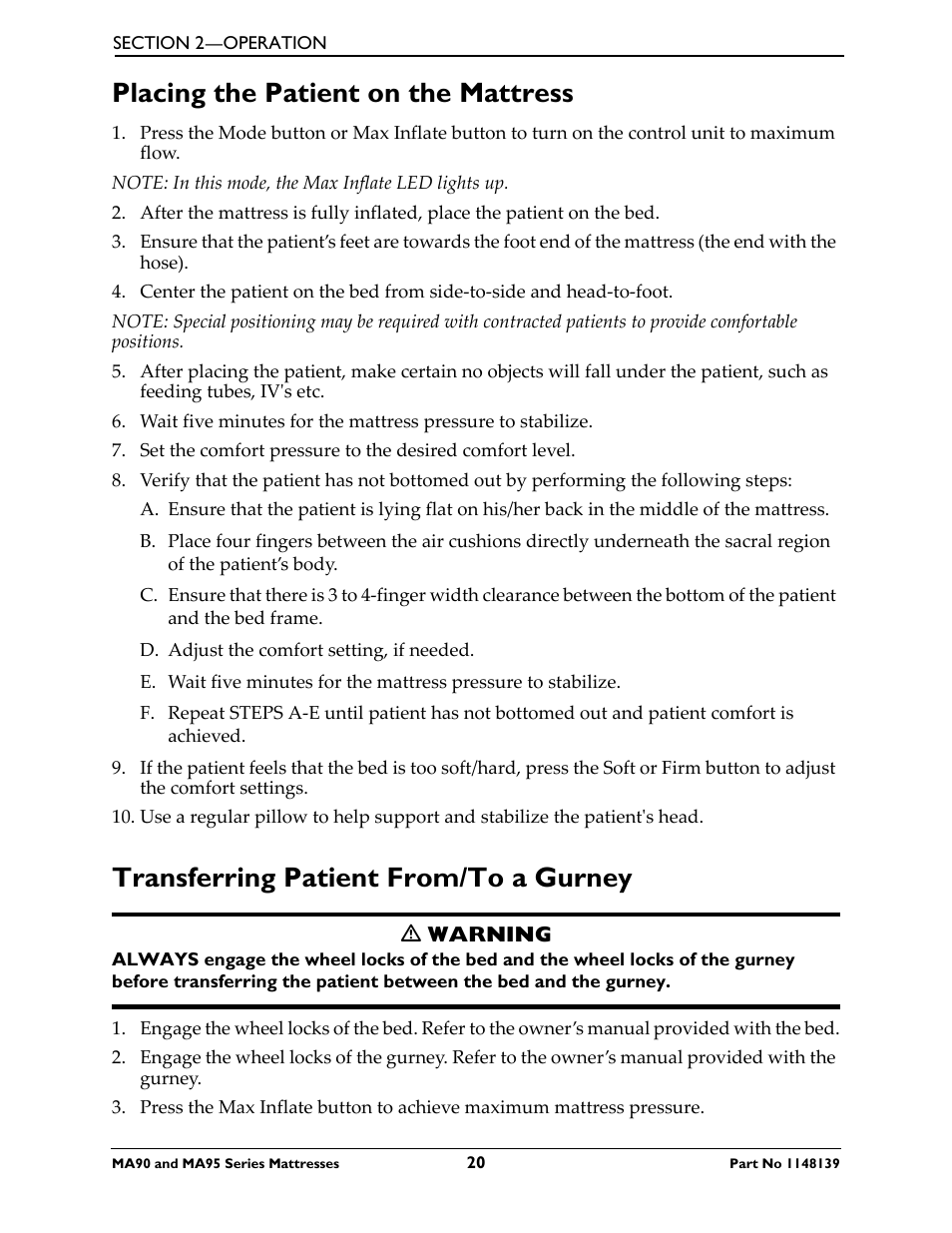 Placing the patient on the mattress, Transferring patient from/to a gurney | Activeforever Invacare microAIR Lateral Alternating Pressure Mattress & Compressor (microAIR Mattress with Compressor 36 x 80 x 15) User Manual | Page 20 / 26