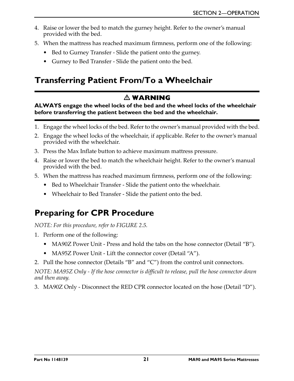 Transferring patient from/to a wheelchair, Preparing for cpr procedure | Activeforever Invacare microAIR Lateral Alternating Pressure Mattress & Compressor (microAIR Mattress with Compressor 36 x 80 x 15) User Manual | Page 21 / 26