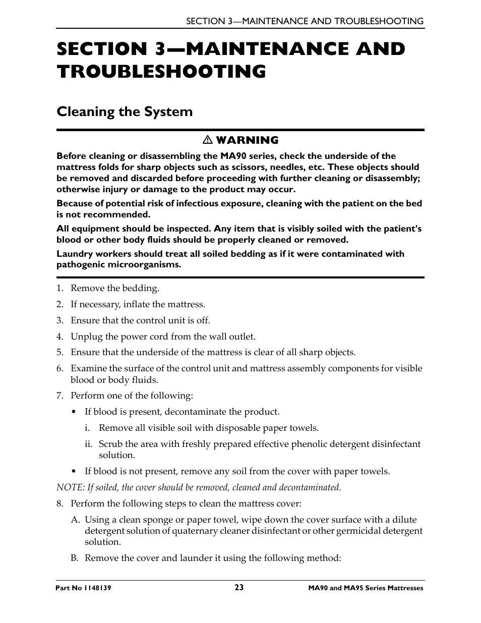 Section 3— maintenance and troubleshooting, Cleaning the system, Section 3—maintenance and troubleshooting | Activeforever Invacare microAIR Lateral Alternating Pressure Mattress & Compressor (microAIR Mattress with Compressor 36 x 80 x 15) User Manual | Page 23 / 26