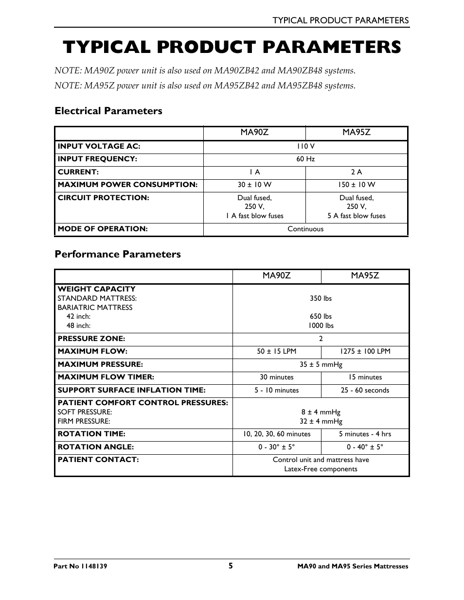 Typical product parameters, Electrical parameters, Performance parameters | Electrical parameters performance parameters | Activeforever Invacare microAIR Lateral Alternating Pressure Mattress & Compressor (microAIR Mattress with Compressor 36 x 80 x 15) User Manual | Page 5 / 26