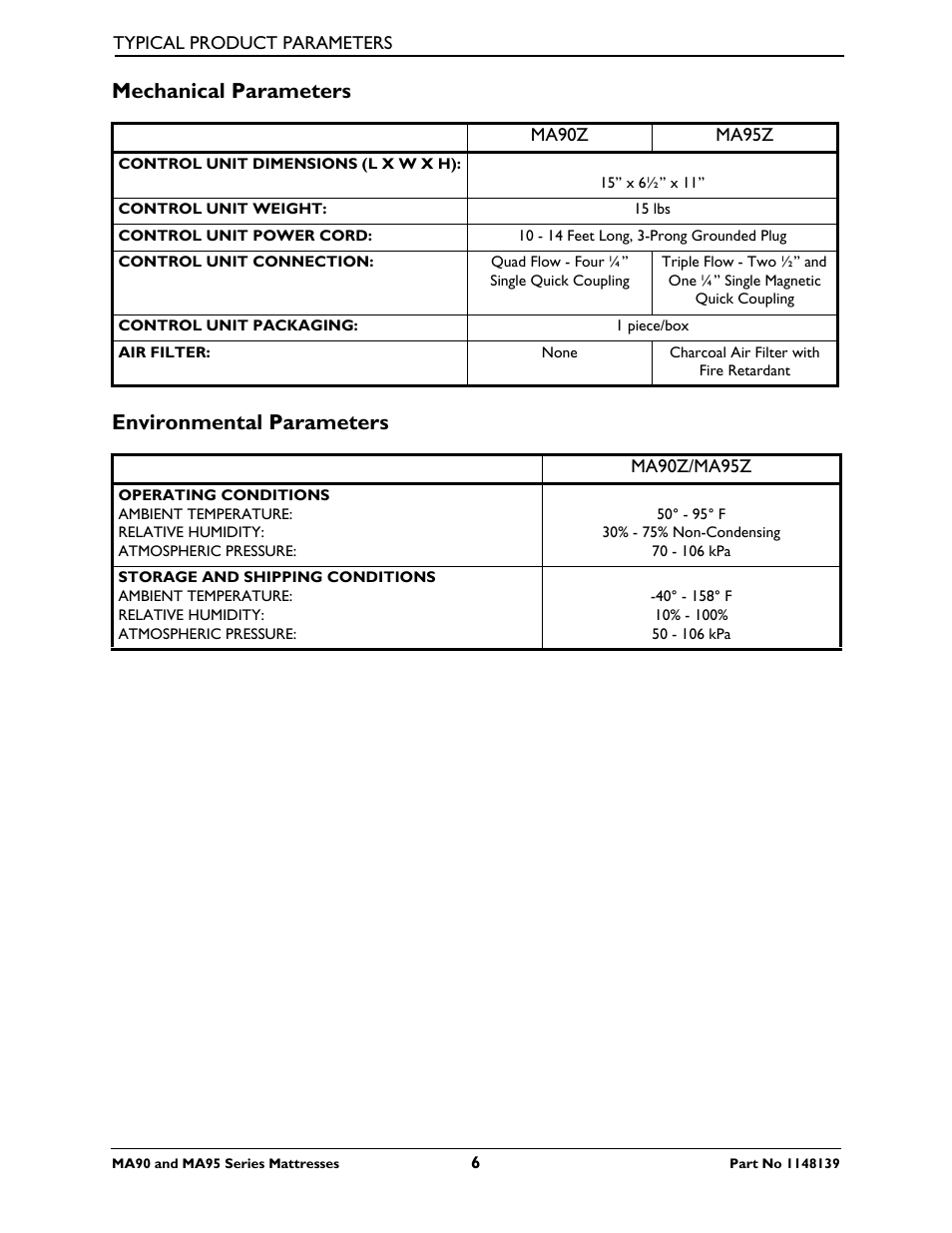Mechanical parameters, Environmental parameters, Mechanical parameters environmental parameters | Activeforever Invacare microAIR Lateral Alternating Pressure Mattress & Compressor (microAIR Mattress with Compressor 36 x 80 x 15) User Manual | Page 6 / 26