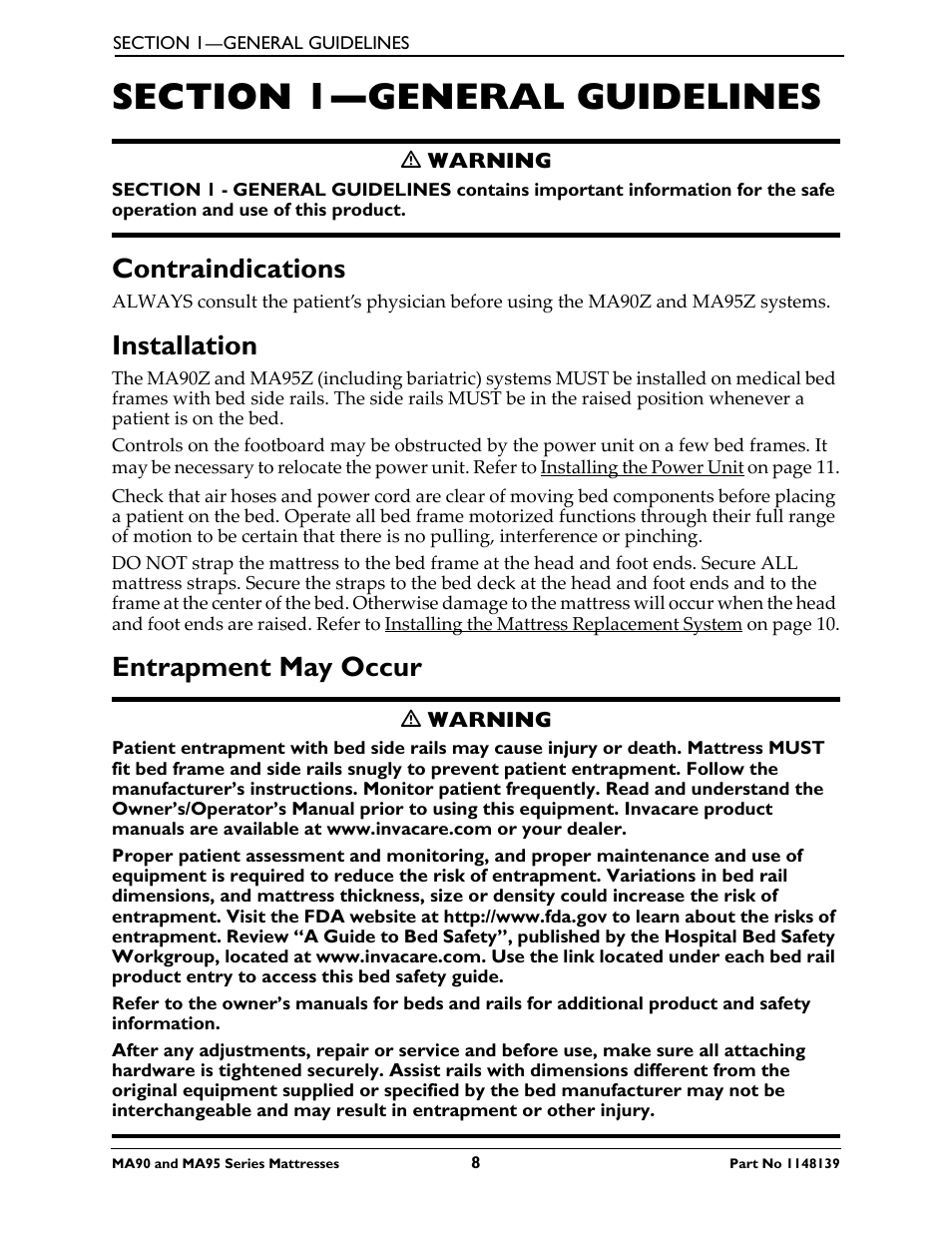 Section 1— general guidelines, Contraindications, Installation | Entrapment may occur, Section 1—general guidelines | Activeforever Invacare microAIR Lateral Alternating Pressure Mattress & Compressor (microAIR Mattress with Compressor 36 x 80 x 15) User Manual | Page 8 / 26