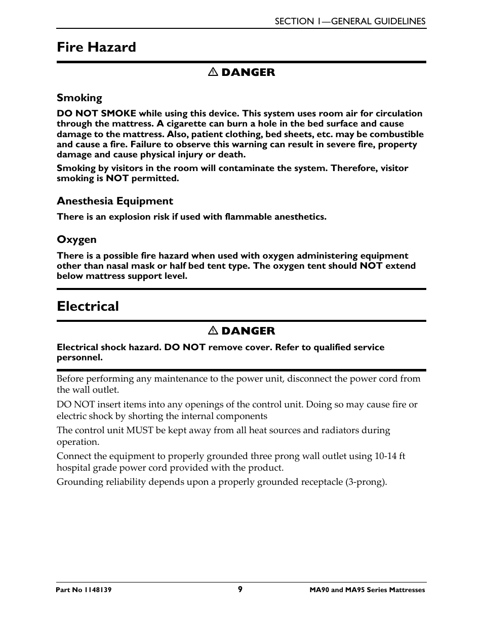 Fire hazard, Smoking, Anesthesia equipment | Oxygen, Electrical, Smoking anesthesia equipment oxygen | Activeforever Invacare microAIR Lateral Alternating Pressure Mattress & Compressor (microAIR Mattress with Compressor 36 x 80 x 15) User Manual | Page 9 / 26