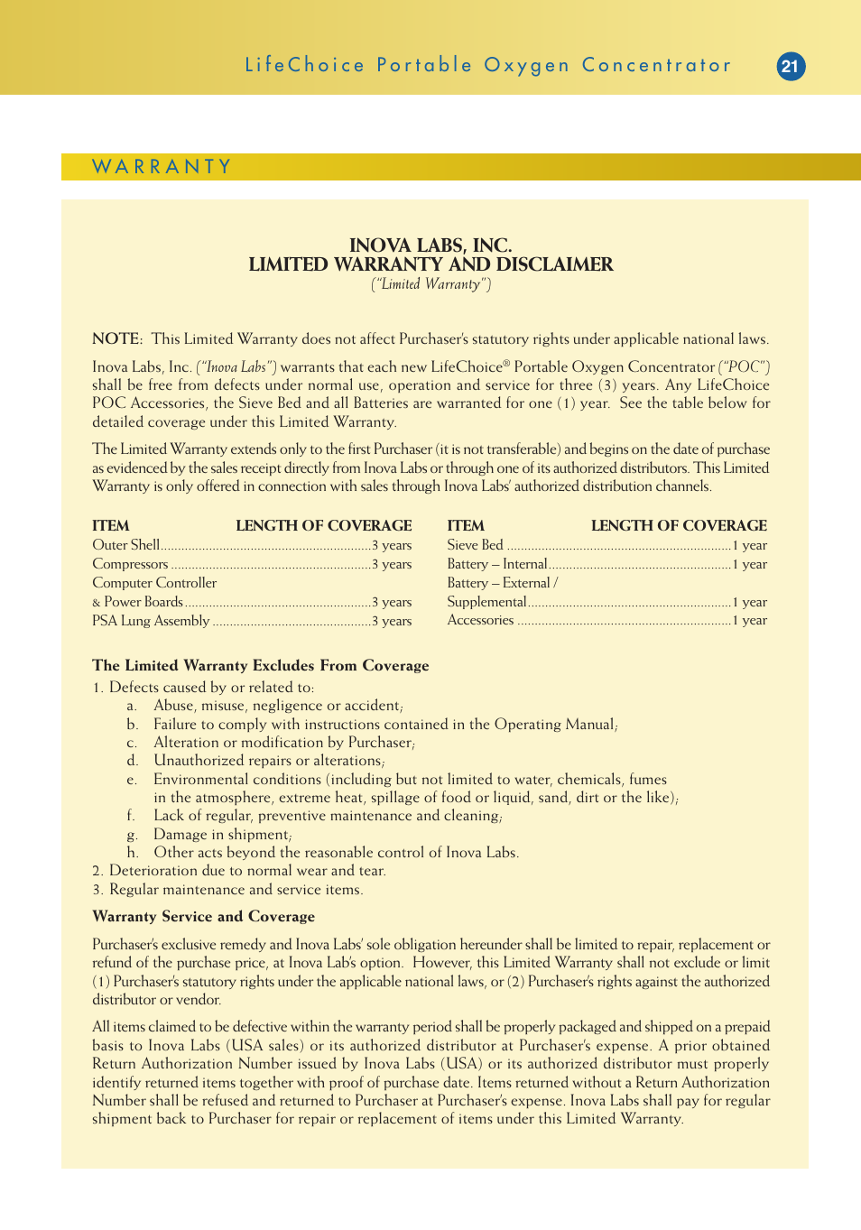 Inova labs, inc. limited warranty and disclaimer | Activeforever Life Choice Portable Oxygen Concentrator User Manual | Page 23 / 28