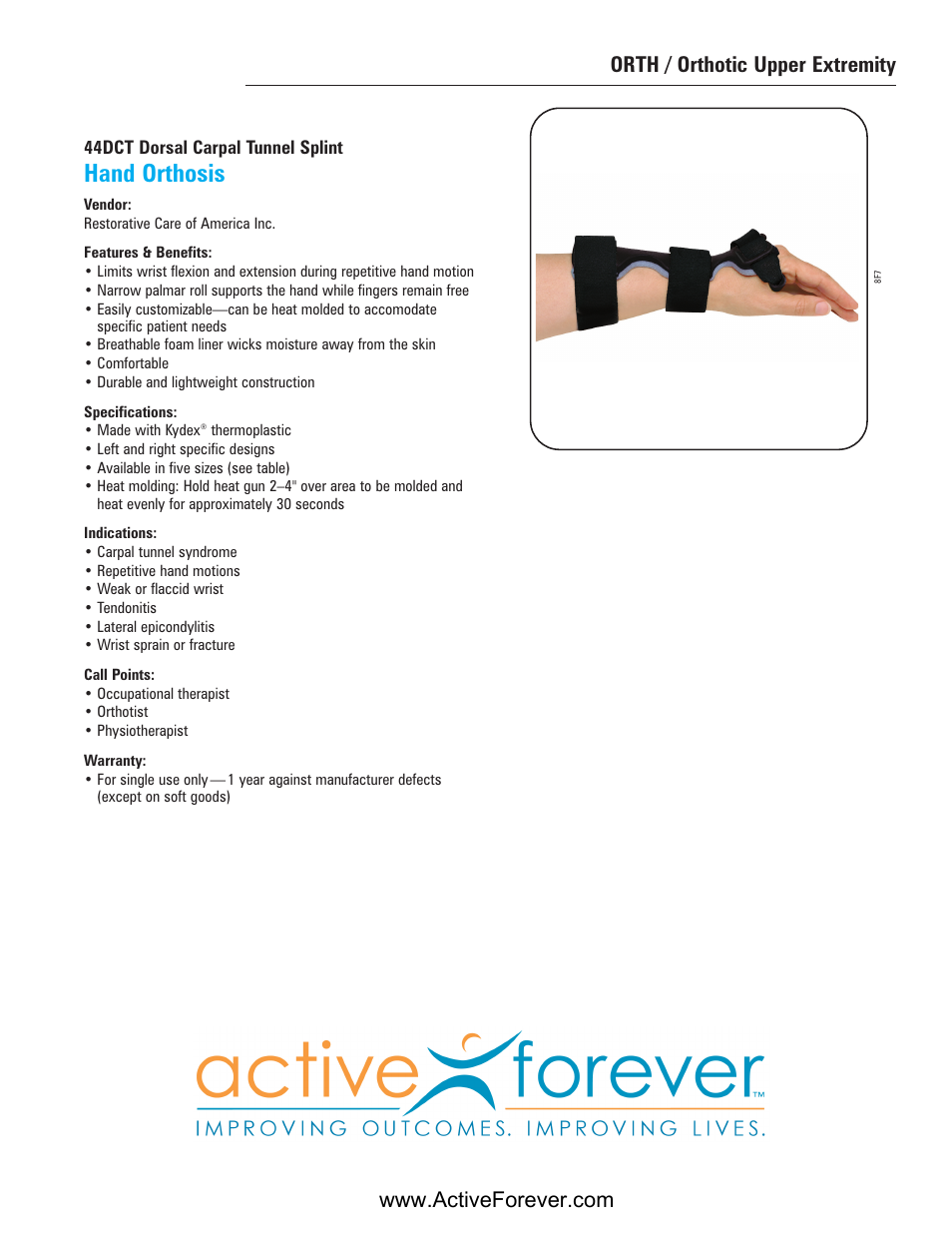 Activeforever Dorsal Carpal Tunnel Splint Hand Orthosis User Manual | 2 pages