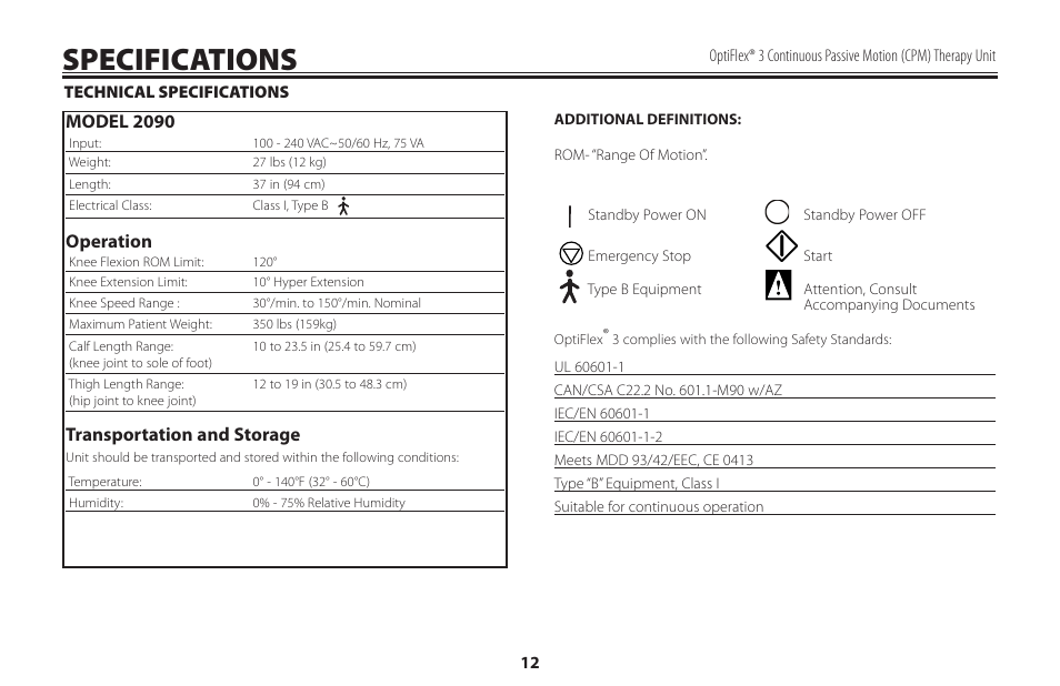 Specifications, Model 2090, Operation | Transportation and storage | Activeforever OptiFlex 3 Knee CPM (OptiFlex3 Knee CPM) User Manual | Page 15 / 23