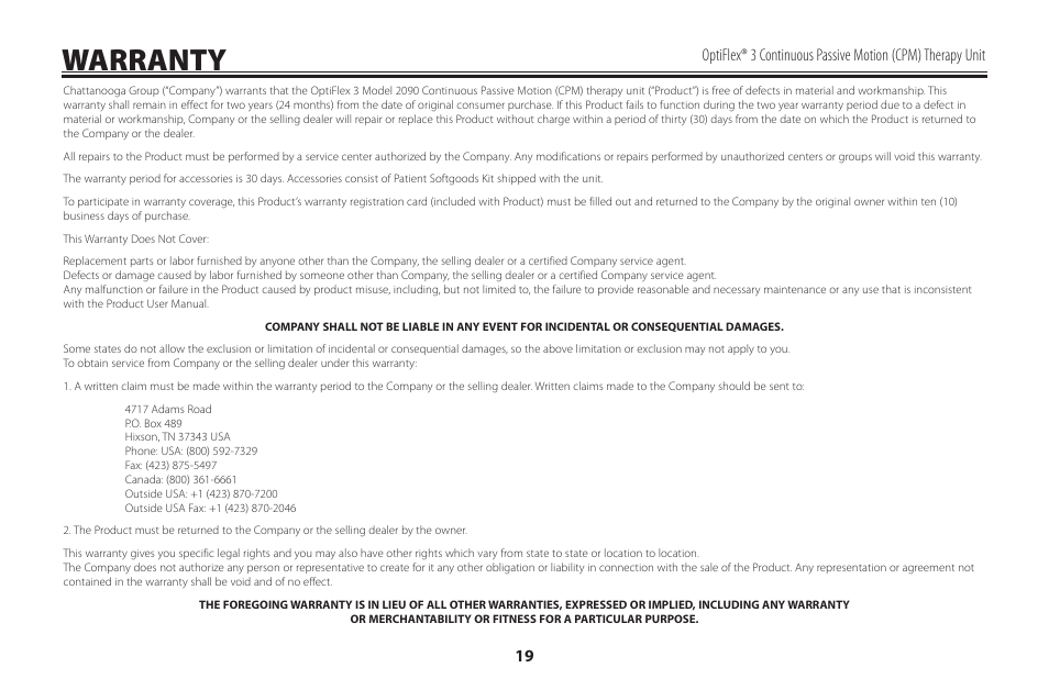 Warranty | Activeforever OptiFlex 3 Knee CPM (OptiFlex3 Knee CPM) User Manual | Page 22 / 23