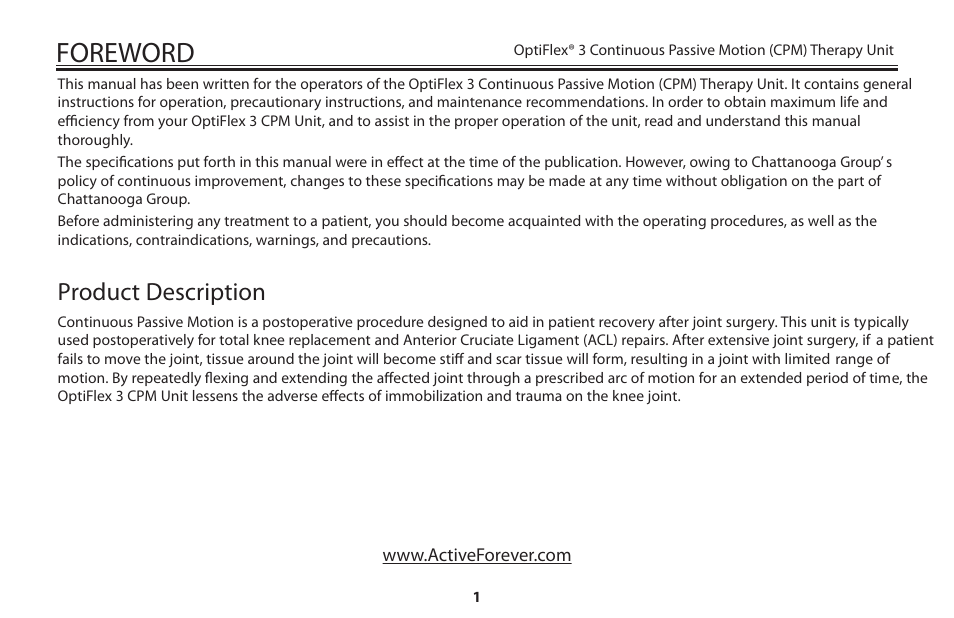 Foreword, Product description | Activeforever OptiFlex 3 Knee CPM (OptiFlex3 Knee CPM) User Manual | Page 4 / 23