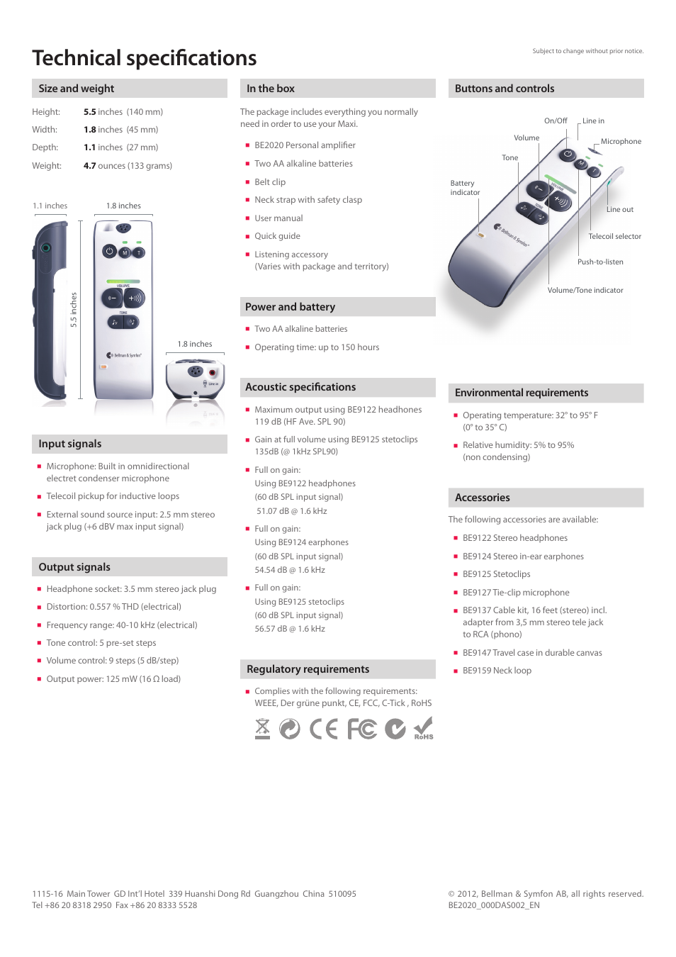 Technical specifications, Power and battery, Acoustic specifications | Regulatory requirements, Size and weight, Input signals, Output signals, Buttons and controls in the box, Environmental requirements, Accessories | Activeforever Bellman and Symfon Maxi Personal Amplifier User Manual | Page 2 / 3