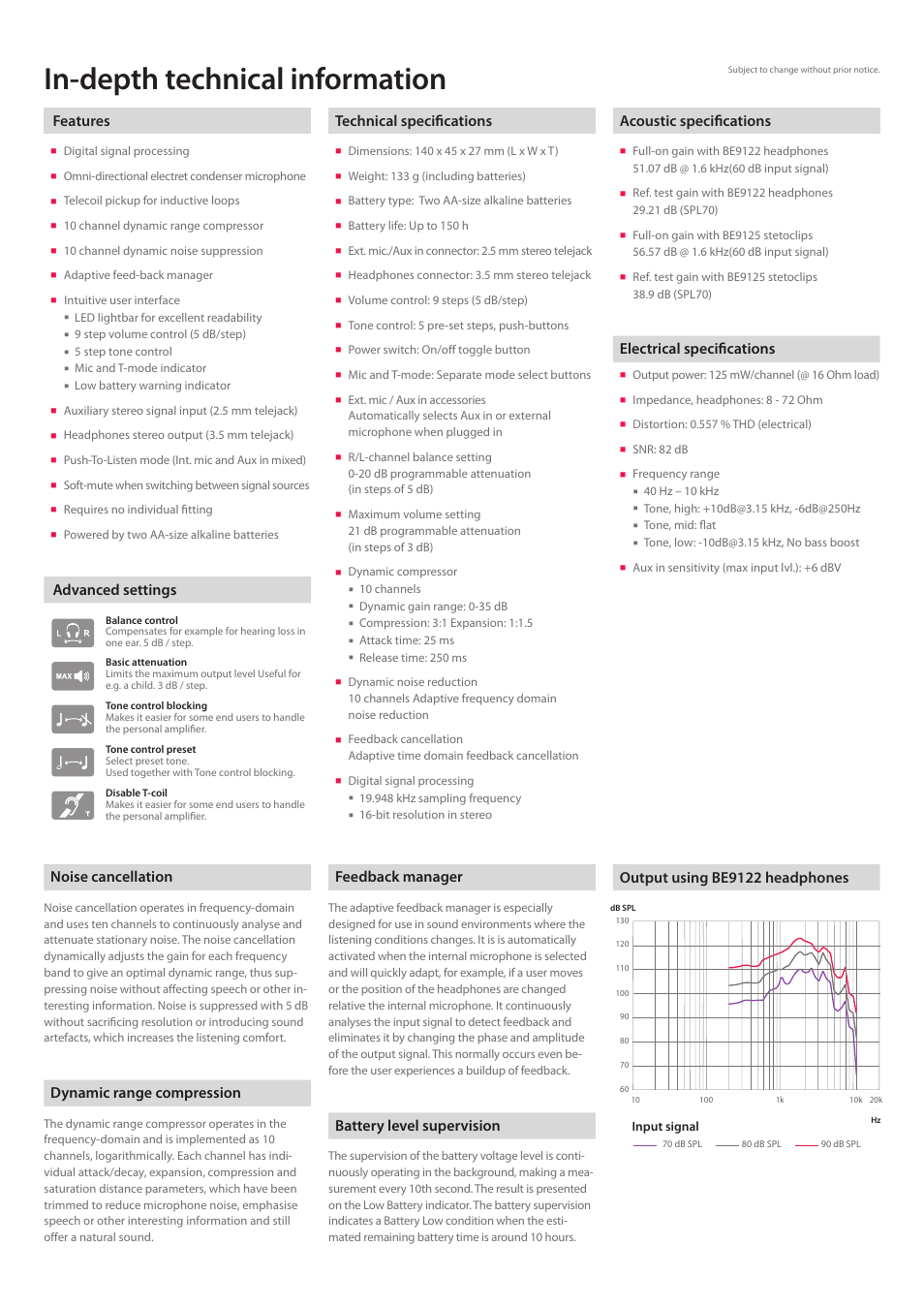 In-depth technical information, Features, Advanced settings | Noise cancellation, Dynamic range compression, Feedback manager, Battery level supervision, Technical specifications, Acoustic specifications, Electrical specifications | Activeforever Bellman and Symfon Maxi Personal Amplifier User Manual | Page 3 / 3