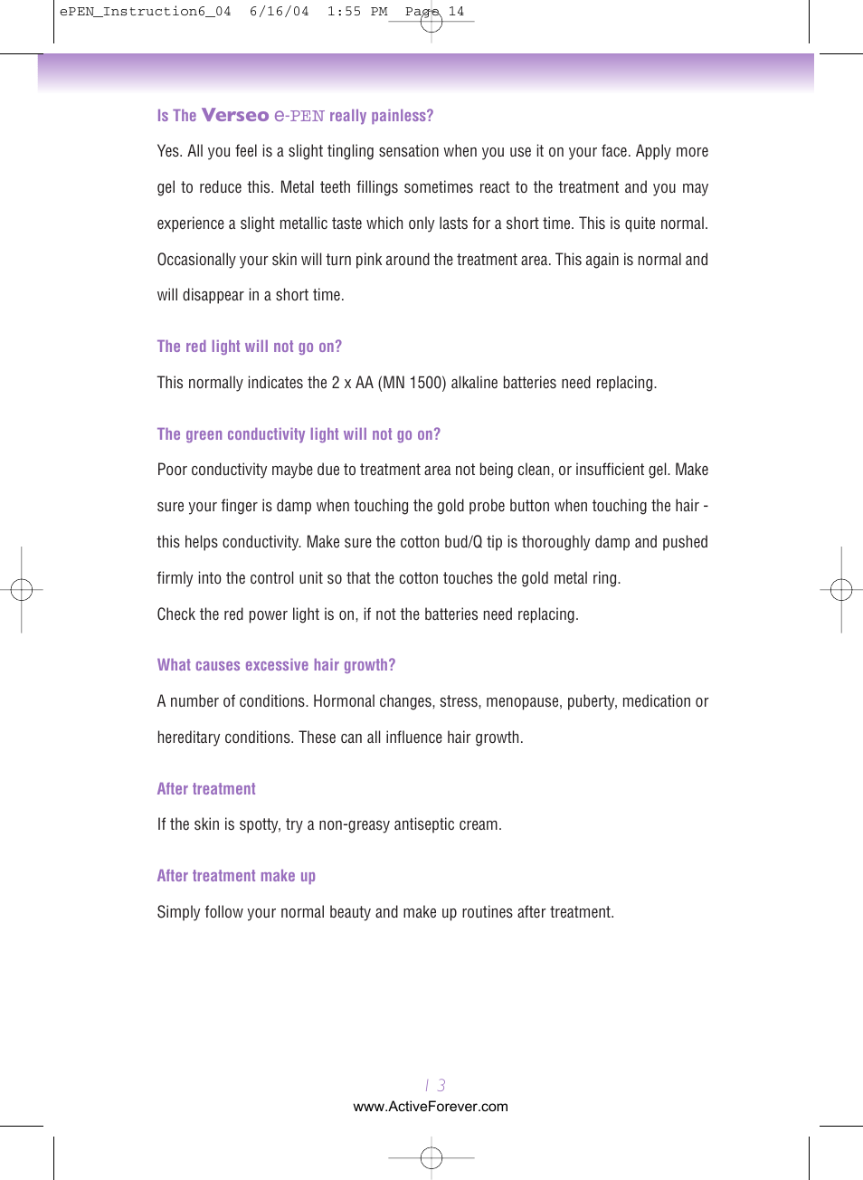 Verseo e | Activeforever Verseo ePen Permanent Hair Removal System User Manual | Page 14 / 15